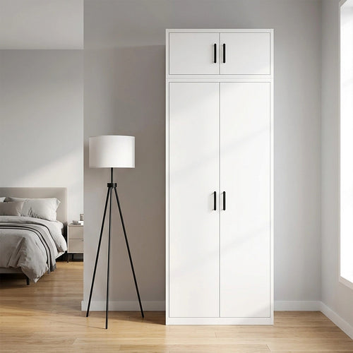 80x240cm 2-Door White Steel Hanging Wardrobe with Black Handle Storage Cabinet
