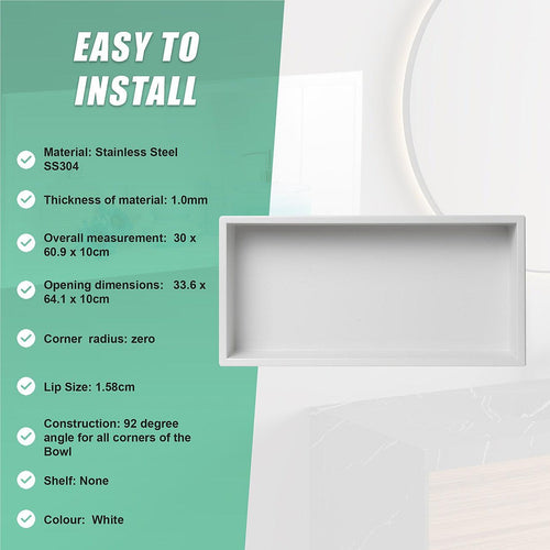 641 x 336 x 101mm Shower Niche Single Shelf Organizer No Tile Needed in White Finish