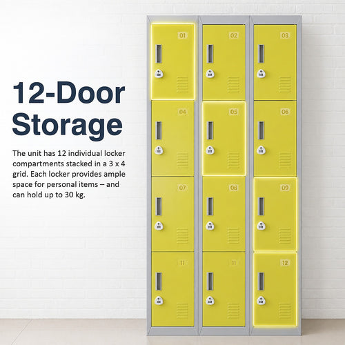 12-Door Steel Locker – Grey with Yellow Door, 3-Digit Combination Lock