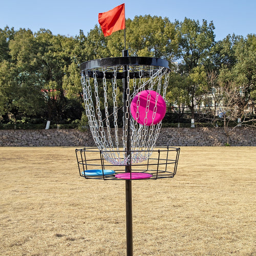 Disc Golf Basket 24 Chain Portable Target with 6 Disc Starter Set for Outdoor Play