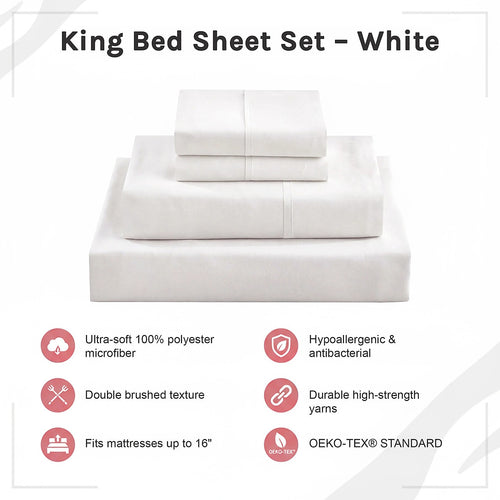 King Bed Sheet Set – 1800 Series Microfiber, Deep Pocket, Soft & Breathable, White