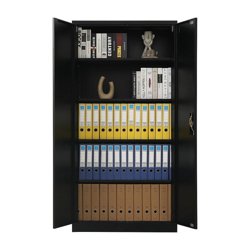 Double-Door Metal Cabinet with 4 Shelves – Office, Garage, or Home Storage in Black without Legs