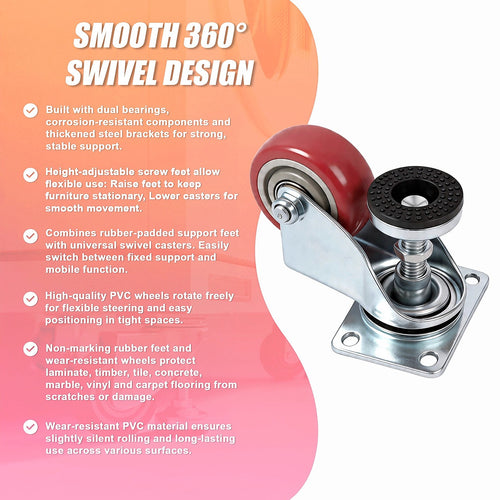 76mm Heavy Duty Swivel Caster Wheels with M12 Screw Feet – Set of 4