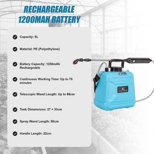8L Battery Powered Garden Sprayer Electric Pressure Spray Tank with Extendable Wand for Watering, Fertiliser & Garden Care