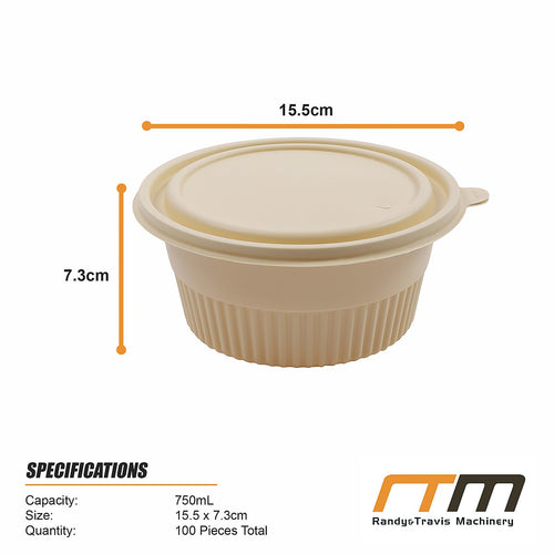 100PCS Corn Starch Food Containers with Lids Round Takeaway Boxes 750mL