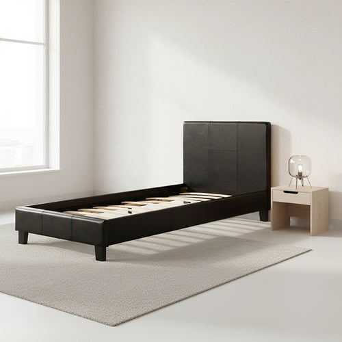 Single Size Bed Frame with Headboard – Black PU Leather