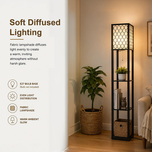 Shelf Floor Lamp with Shade and Open Shelves in Black Wood - Style B