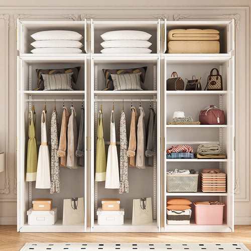 240x240cm 6-Door White Steel 2 Hanging and 1 Shelf Wardrobe with Gold Handle Storage Cabinet