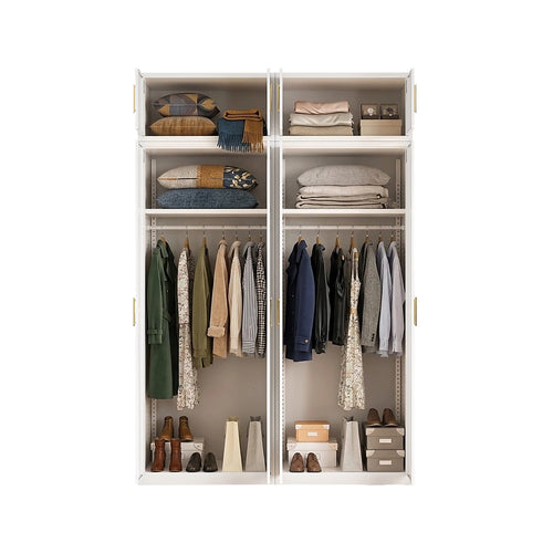 160x240cm 4-Door White Steel Hanging Wardrobe with Gold Handle Storage Cabinet