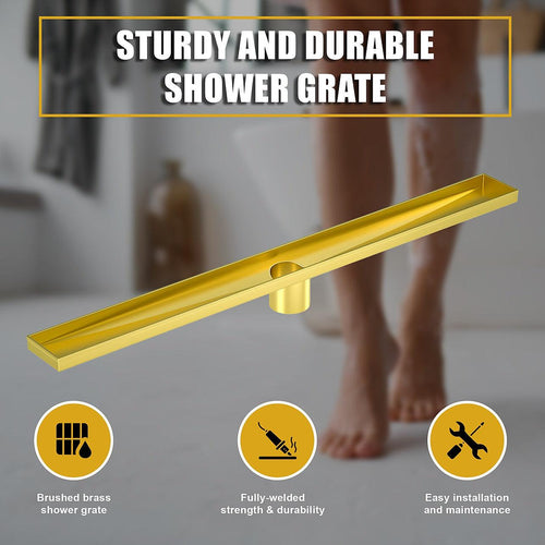 120cm Bathroom Shower Brushed Brass Grate Drain w/ Centre outlet Floor Waste