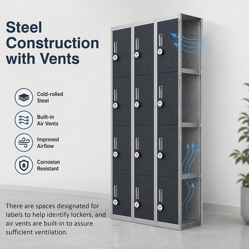 12-Door Steel Locker – Grey with Charcoal Door, 4-Digit Combination Lock