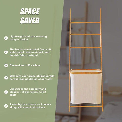 Wall Leaning Ladder Shelf with Laundry Basket Clothes Hamper Bath Towel Rack
