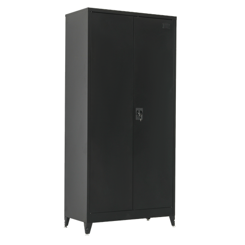 Double-Door Metal Cabinet with 4 Shelves – Office, Garage, or Home Storage in Black with Legs