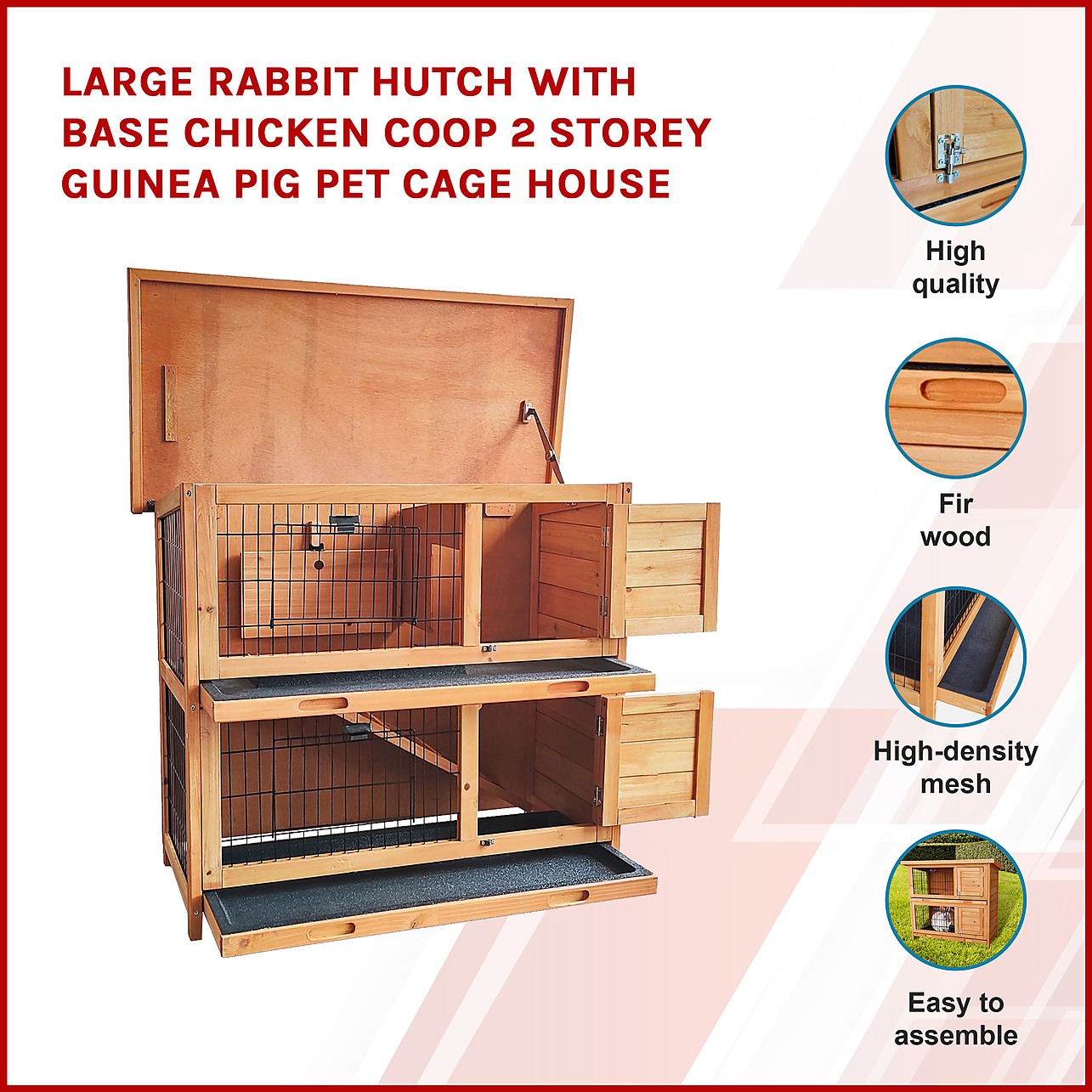 Large Rabbit Hutch with BASE Chicken Coop 2 Storey Guinea Pig Pet Cage ...