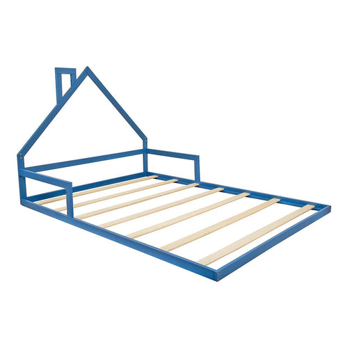 Pine Floor Bed House Frame in Blue for Kids and Toddlers - Double