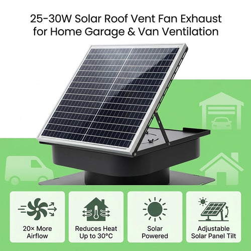 30W Solar Roof Vent Fan Exhaust for Home Garage & Van Ventilation