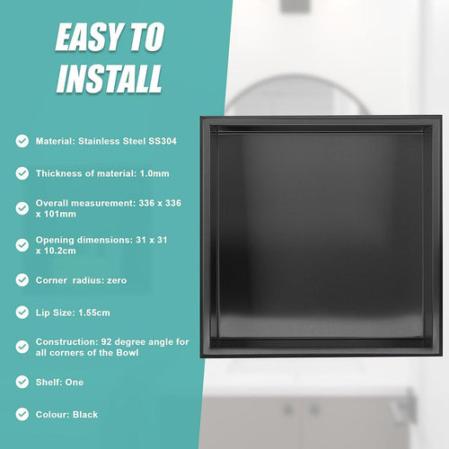 336 x 336 x 101mm Shower Niche Single Shelf Organizer No Tile Needed in Black Finish