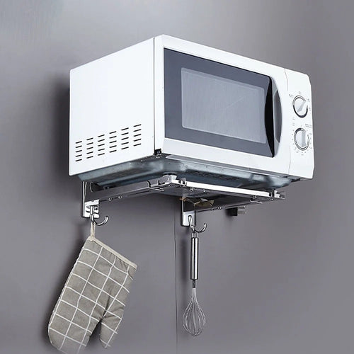 Stainless Steel Microwave Oven Wall Mount Bracket – Adjustable Shelf with Removable Hooks