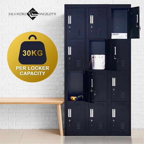 12-Door Locker – Black Standard Lock with 2 Keys | Secure Storage for Office, Gym, School