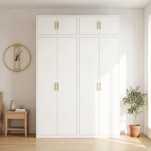 160x240cm 4-Door White Steel Hanging and Shelf Wardrobe with Gold Handle Storage Cabinet