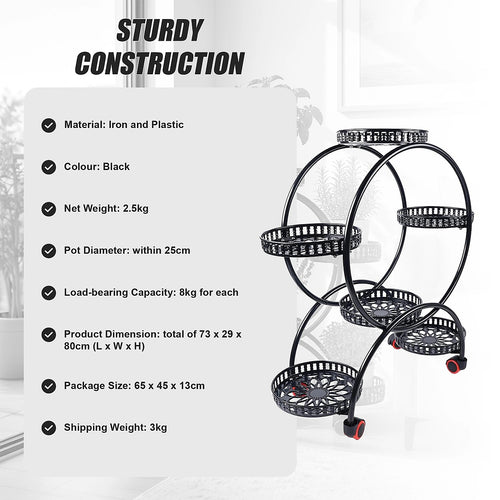 6 Pot Plant Stand with Wheels 4 Tier Plant Shelf