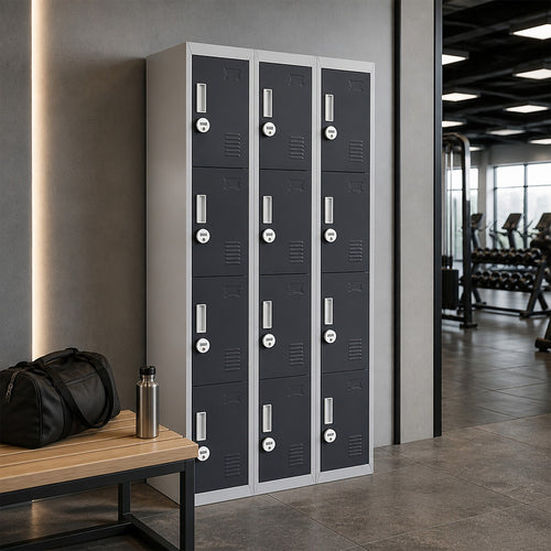 12-Door Steel Locker – Grey with Charcoal Door, 4-Digit Combination Lock