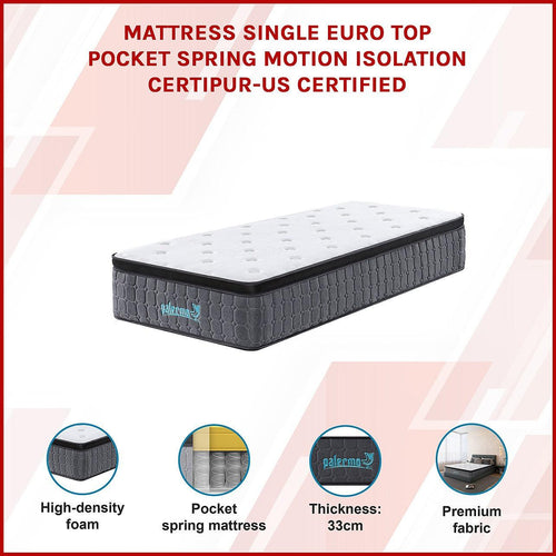 Mattress Single Euro Top Pocket Spring Motion Isolation CertiPUR-US Certified