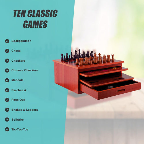 10 in 1 Wooden Chess Board Games Slide Out Checkers House Unit Set