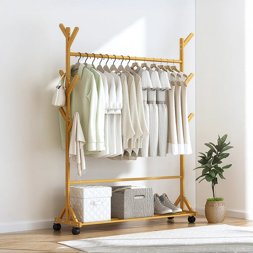 Portable Clothes Rack Coat & Garment Stand – Bamboo Rail Hanger Closet Airer in Wood