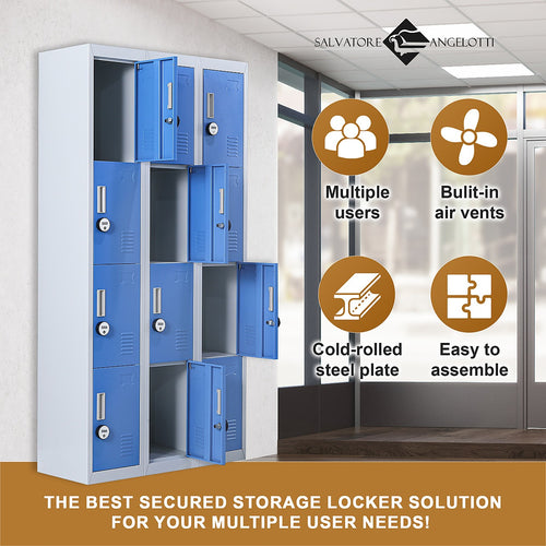 12-Door Locker – Grey with Blue Door with 4-Digit Combination Lock | Secure Storage for Office, Gym or School Use