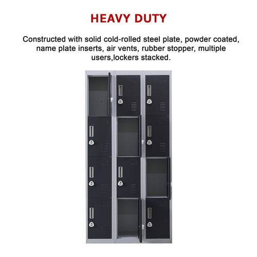 12-Door Locker – Grey with Charcoal Door with 3-Digit Combination Lock | Secure Storage for Office, Gym or School Use