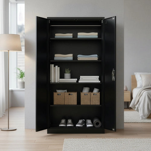 Double-Door Metal Cabinet with 4 Shelves – Office, Garage, or Home Storage in Black without Legs