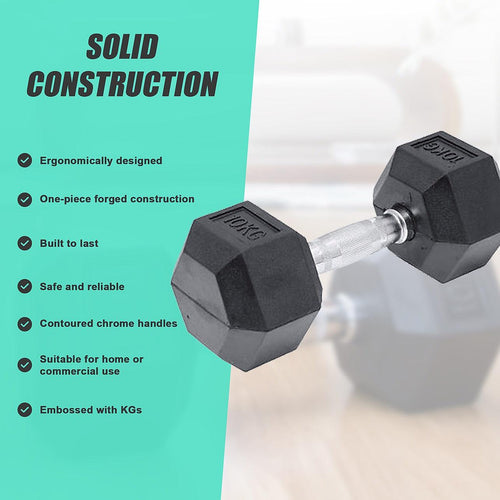 10kg Commercial Rubber Hex Dumbbell Gym Weight