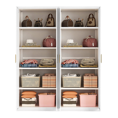 160x200cm 4-Door White Steel Shelf Wardrobe with Gold Handle Storage Cabinet