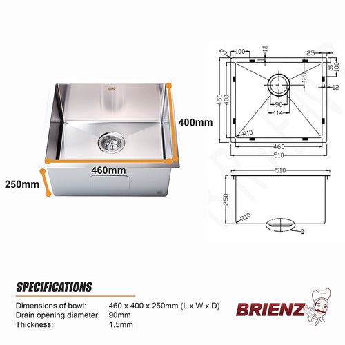 510x450mm Handmade 1.5mm Stainless Steel Sink – Undermount/Topmount with Waste & Stainless Steel with brushed finish Look