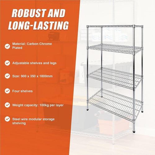 Modular Wire Storage Shelf 900 x 350 x 1800mm Steel Shelving - Carbon Chrome Plated
