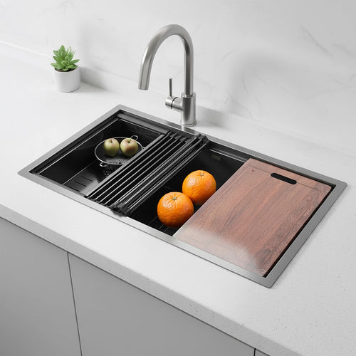 32" Workstation Kitchen Sink – Single Bowl Design with Nano Finish in Black with Brushed Finish