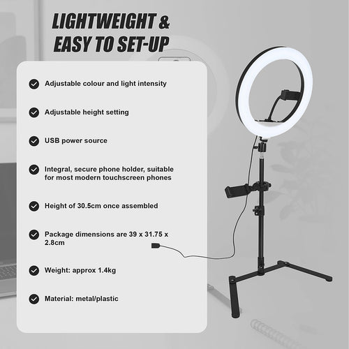 12 Inch LED Video Ring Light with Tabletop Light Stand and Phone Holder Black