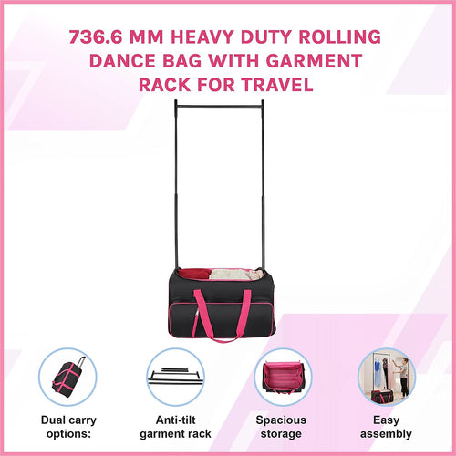 736.6 mm Heavy Duty Rolling Dance Bag with Built-In Garment Rack for Travel & Competitions