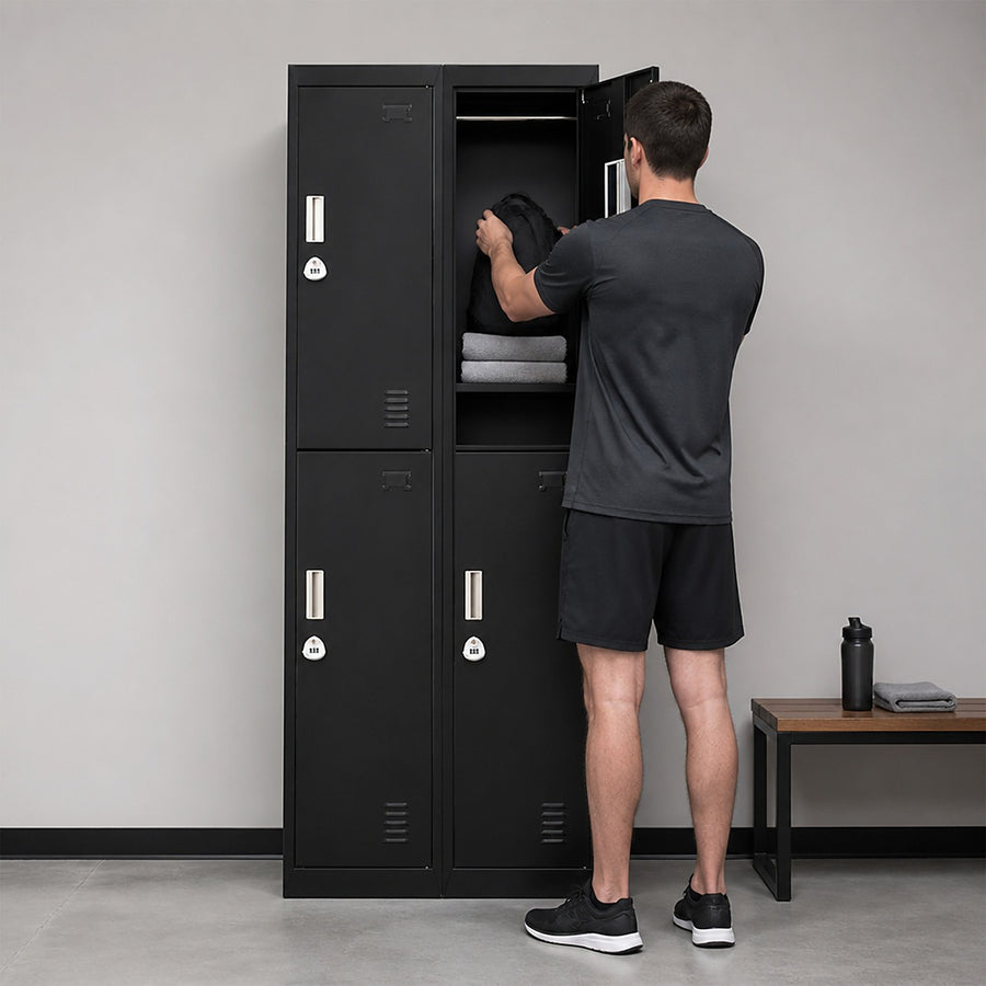 4-Door Metal Locker – 2x2 Layout, Black, 3-Digit Combination Lock