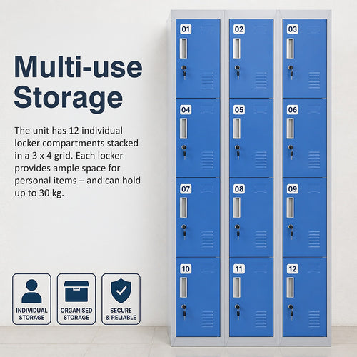 12-Door Steel Locker – Grey with Blue Door, Standard Lock with 2 Keys