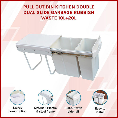 Kitchen Double Slide Pull Out Bin for Garbage Rubbish Waste 10L+20L