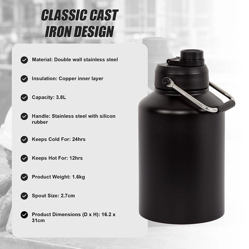 3.8L Double Wall Insulated Stainless Steel Water Bottle – Large Hot & Cold Drinks Jug for All-Day Hydration