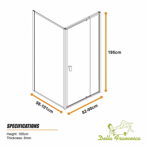 Semi-Frameless Shower Screen – Gunmetal, Front: (82~90)x195cm, Side: (98~101)x195cm