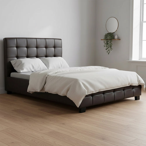 King Single Deluxe Brown PU Leather Upholstered Bed Frame with Headboard & Slats