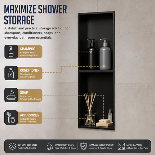 70cm Black Recessed Shower Niche Shelf 304 Stainless Steel No Tile Bathroom Wall Insert