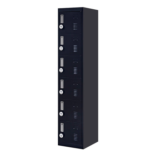 6-Door Black Metal Locker Cabinet – Vertical Storage with 4-Digit Combination Lock for Office, School