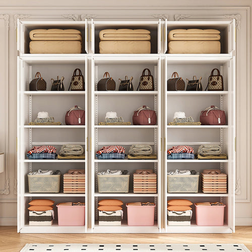 240x240cm 6-Door White Steel Shelf Wardrobe with Gold Handle Storage Cabinet