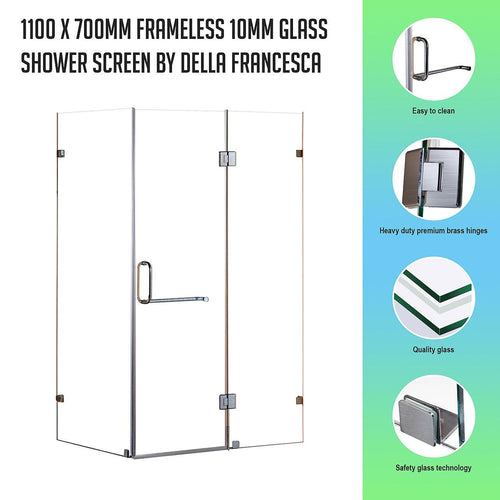 Frameless 10mm Glass Shower Screen 110 x 70cm Nickel Hinges/Brackets and Round Handle