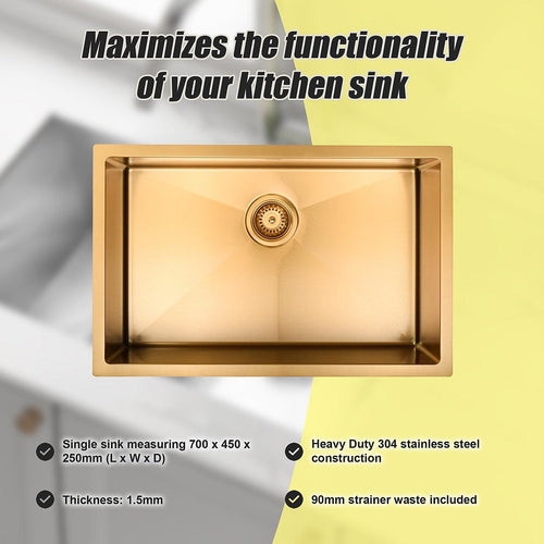 700x450mm Stainless Steel Handmade 1.5mm Sink with Waste in Gold with sand-finish Finish